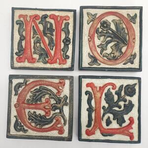 Vtg Christmas NOEL Letters Wood Block Old World Medieval Ornate Holiday 6x6
